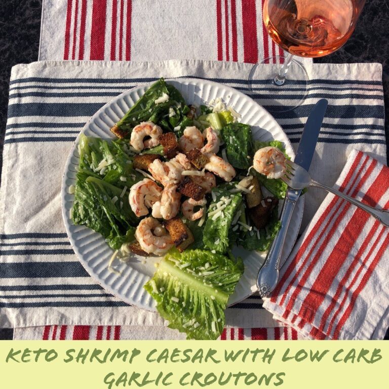 Keto Shrimp Caesar with Low Carb Garlic Croutons